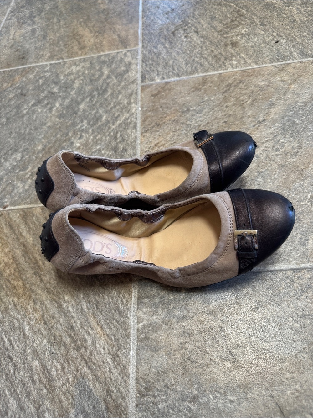 Tod's Taupe Suede Flats with Black Leather Cap-Toe and Buckle